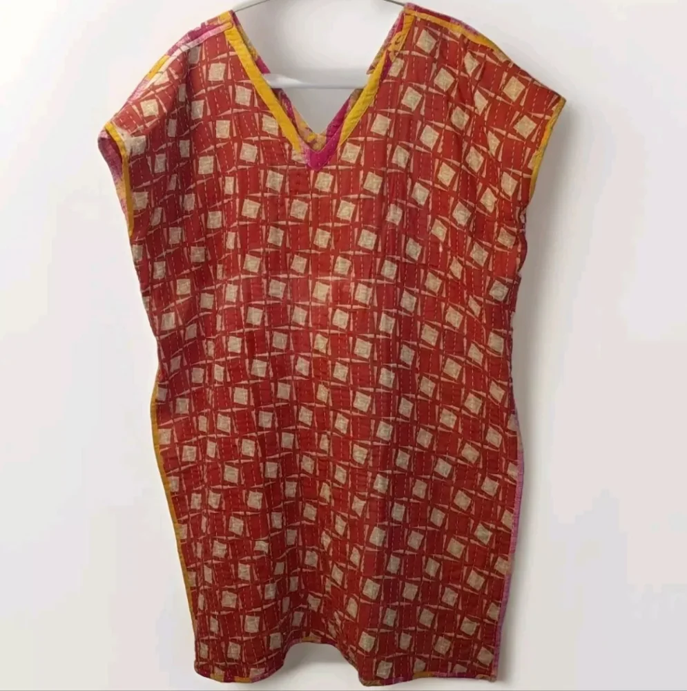 Kantha Patchwork Kimono Tunic Poncho Top Colorful Patch Pockets Woman One Sz #C
